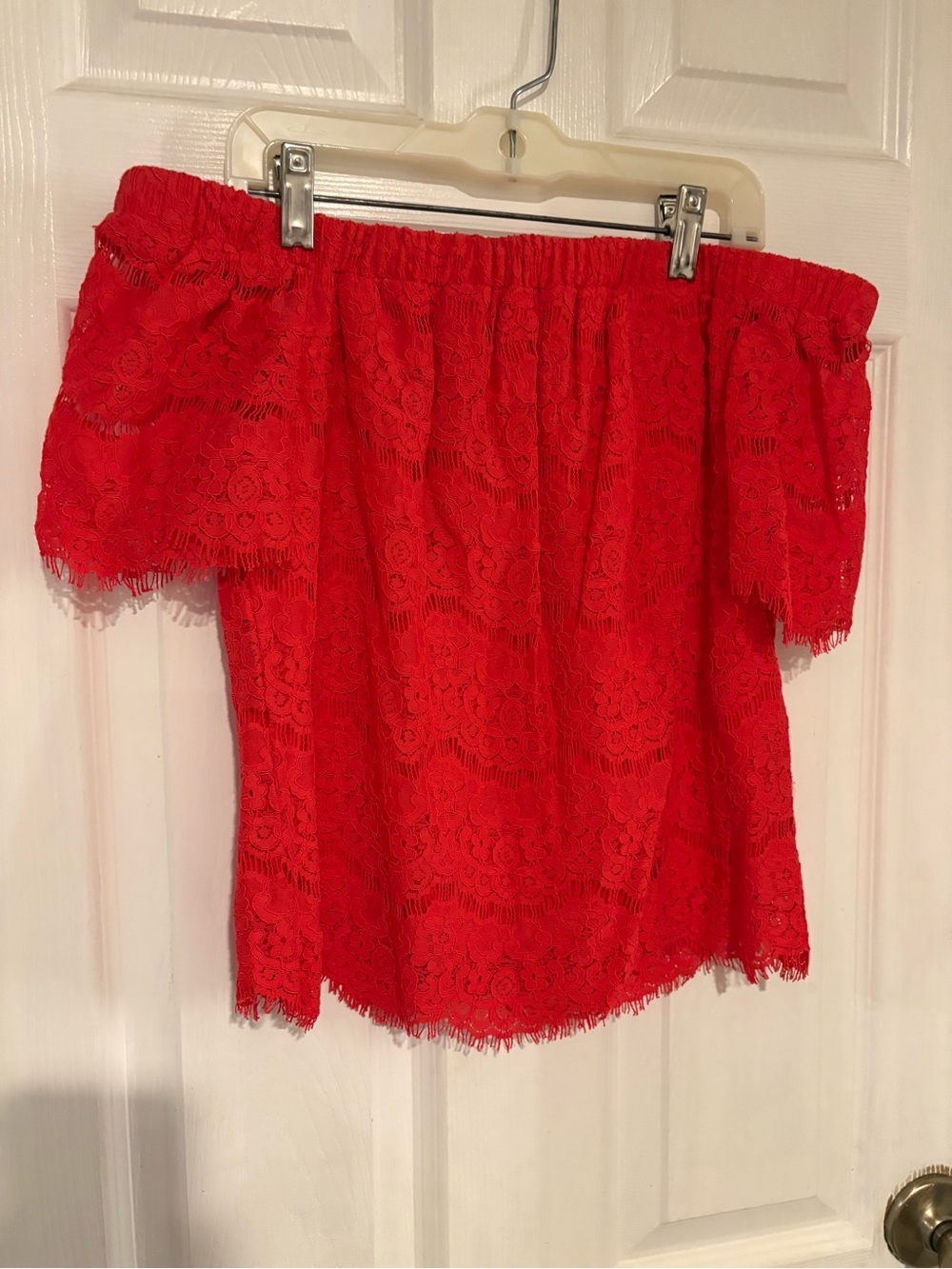 Love, Fire Red Off-Shoulder Lace Blouse